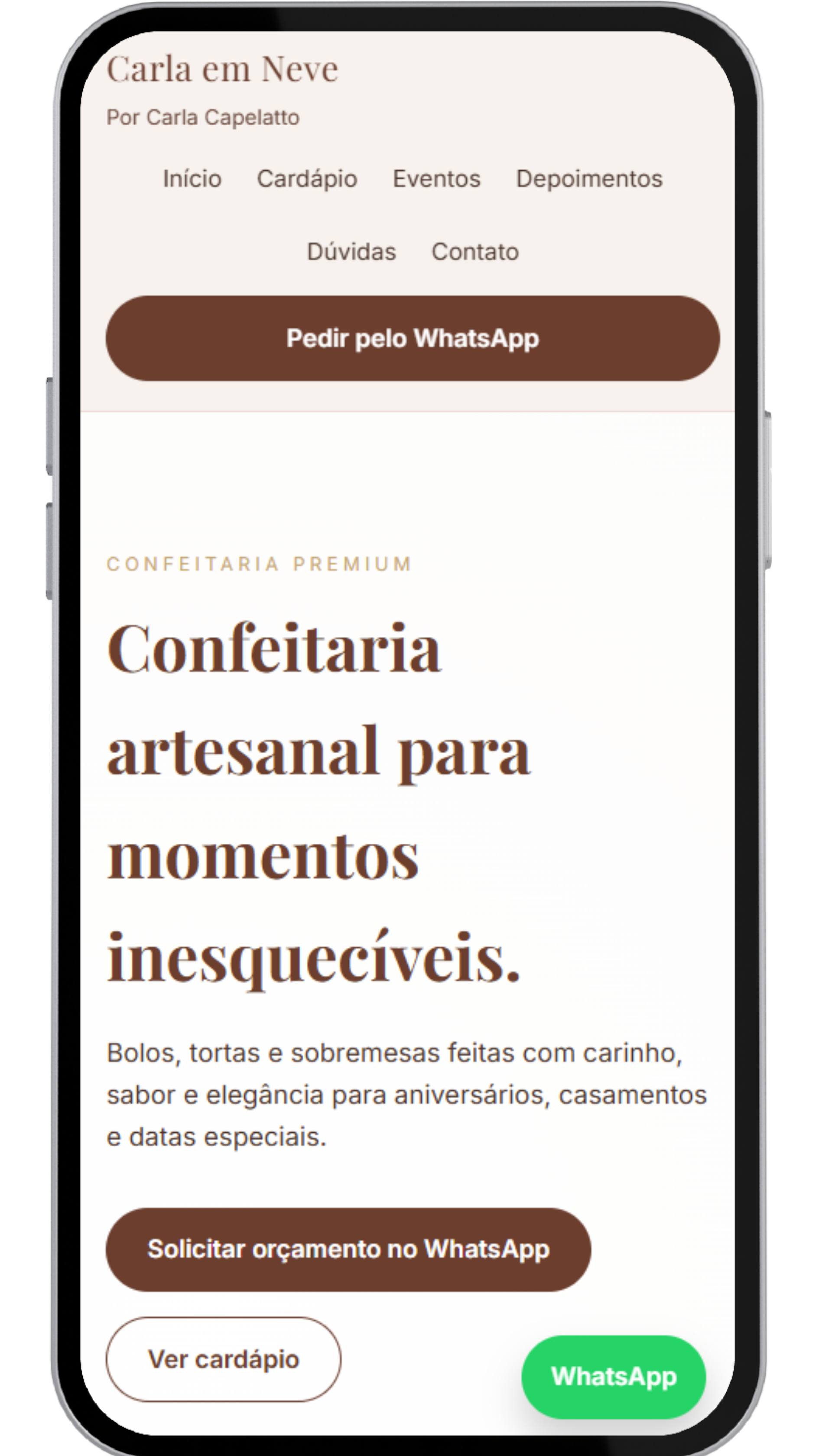 Visual mobile do projeto Carla em Neve (Confeitaria)
